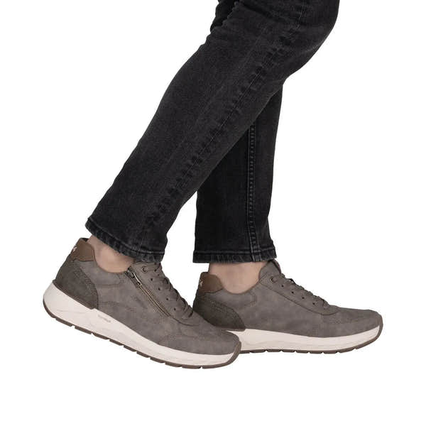 Rieker men's wide brown zip and lace sneakers with leather and suede materials, white sole, and padded ankle collar.
