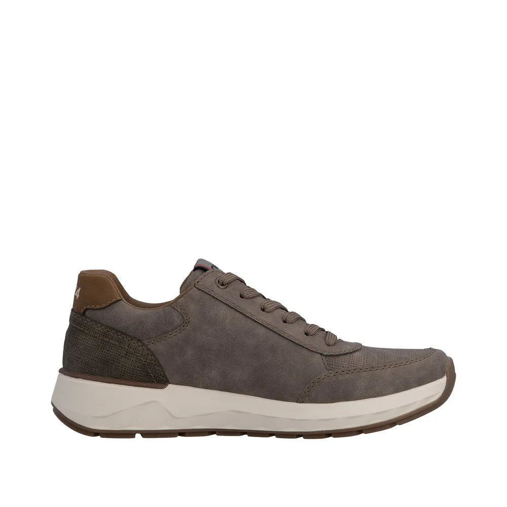 Rieker 11504-64 men's wide brown shoes with lace and zip closure, suede and leather accents, cushioned sole, stylish casual design.