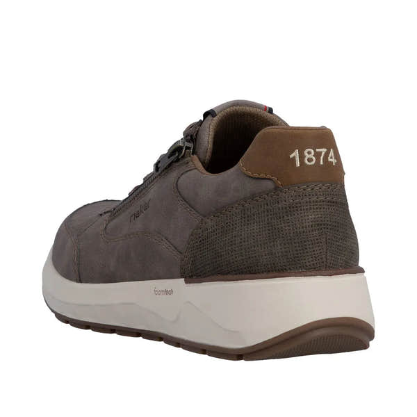 Rieker men's wide brown leather shoes with zip and lace closures, featuring a padded collar and white foamtech sole.