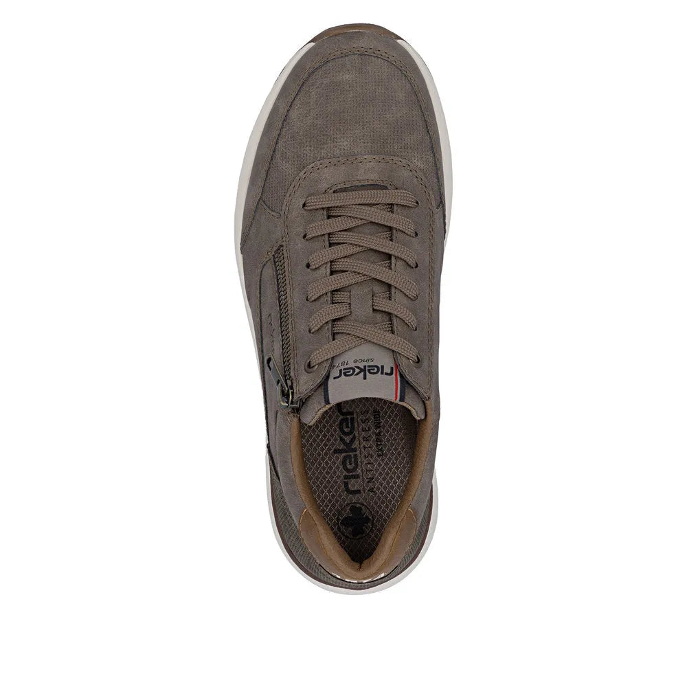 Brown men's wide casual shoes with lace-up and zip details, cushioned insole, and styled with a sporty, modern design.
