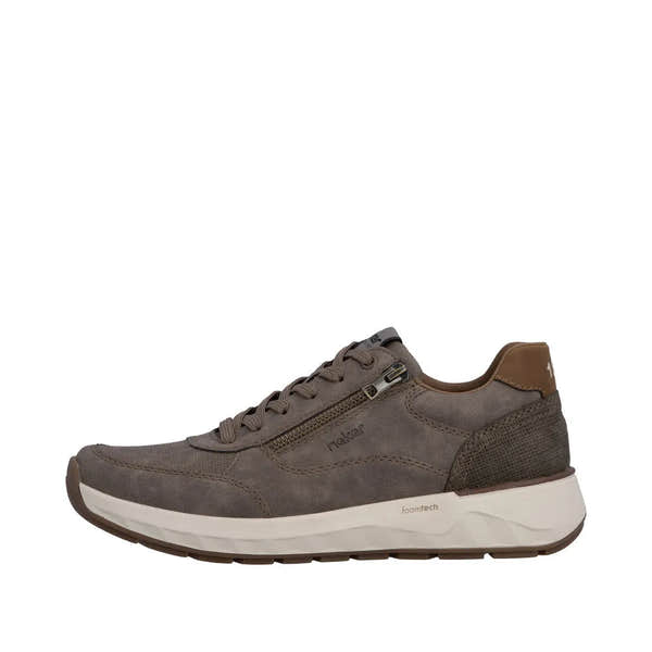 Men's wide brown leather and fabric casual sneakers with zipper, laces, padded collar, and white foam midsole.