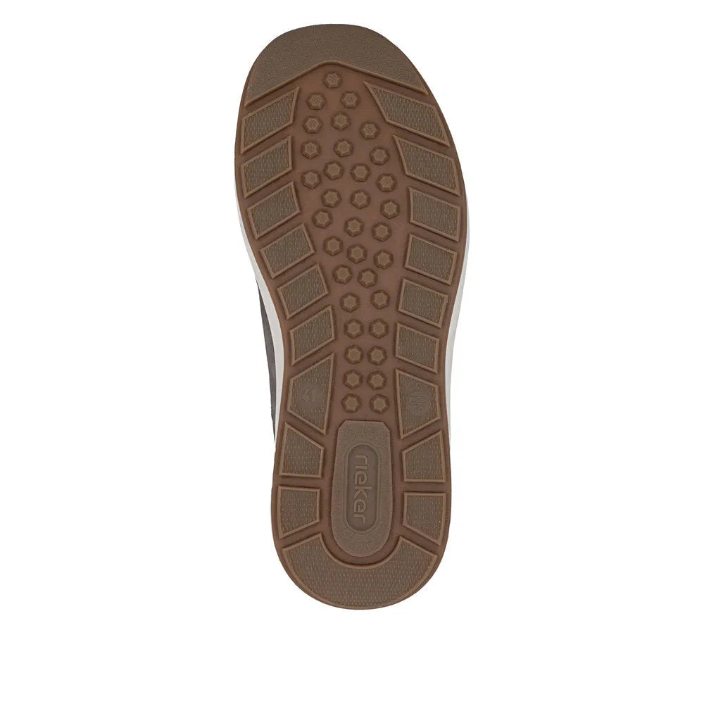 Rieker men's wide brown zip and lace-up shoe, rubber sole with hexagonal and rectangular tread patterns.