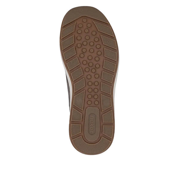 Rieker men's wide brown zip and lace-up shoe, rubber sole with hexagonal and rectangular tread patterns.