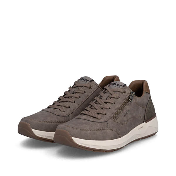 Men's wide brown zip and lace shoes with a suede and mesh upper, padded collar, and sporty white sole.