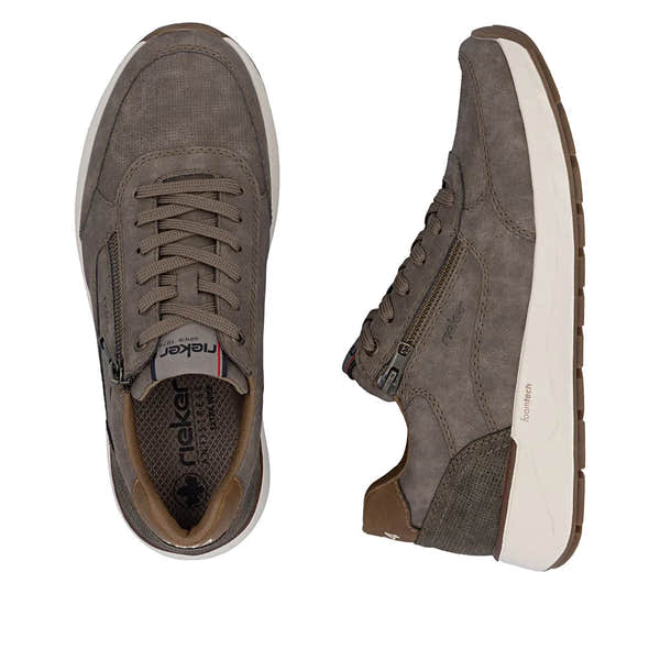 Brown men's wide-fit zip and lace-up casual shoes with suede material, cushioned insoles, and textured rubber soles.