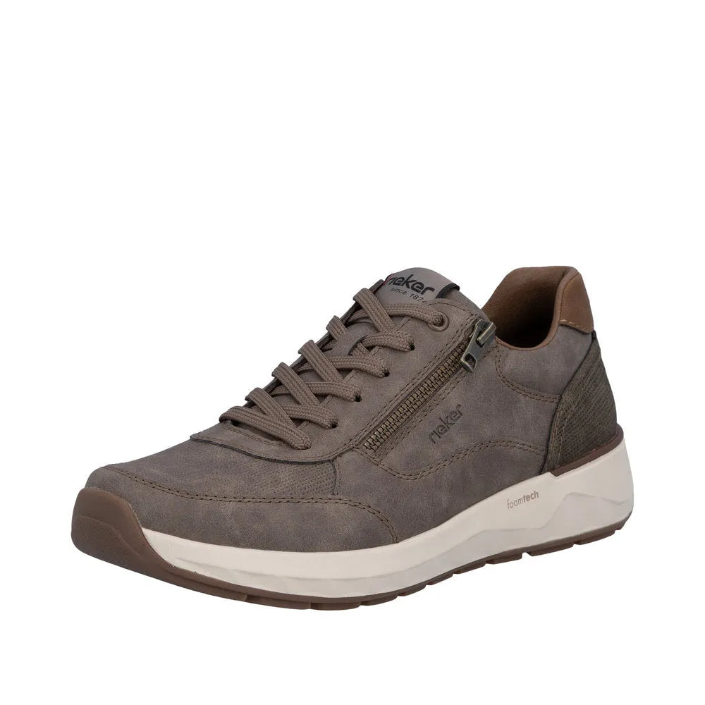 Rieker 11504-64 men's wide brown lace-up shoe with zipper, leather and synthetic materials, white foam sole, and padded collar.