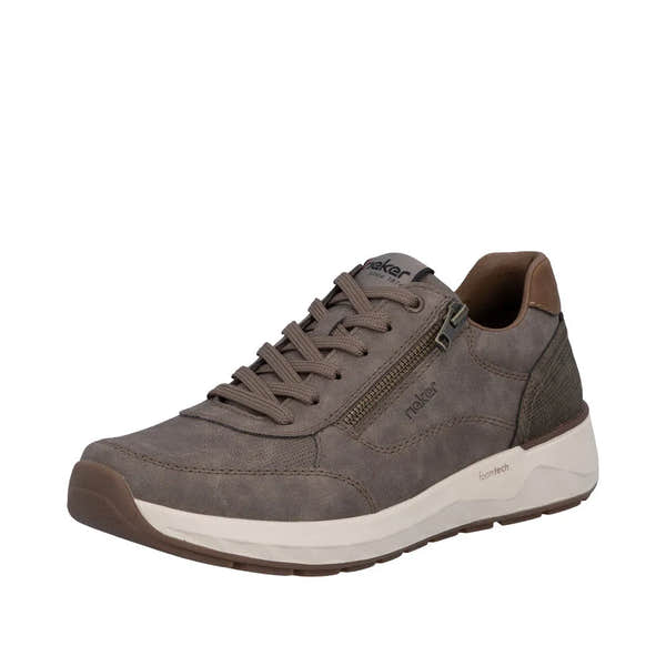 Rieker 11504-64 men's wide brown lace-up shoe with zipper, leather and synthetic materials, white foam sole, and padded collar.