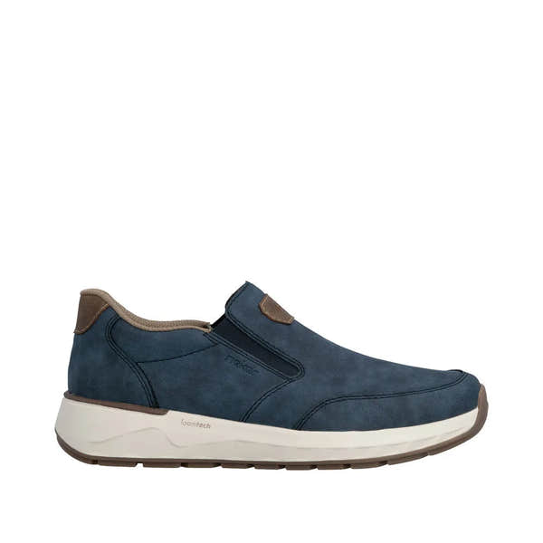 Blue denim slip-on men's shoes with brown accents and a white foam sole.