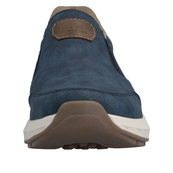 Rieker 11550-15 men's wide denim blue slip-on shoes with leather detailing and a cushioned sole.