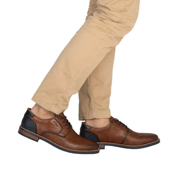 Men's brown leather lace-up shoes with black textured accents, low heel, and detailed stitching.
