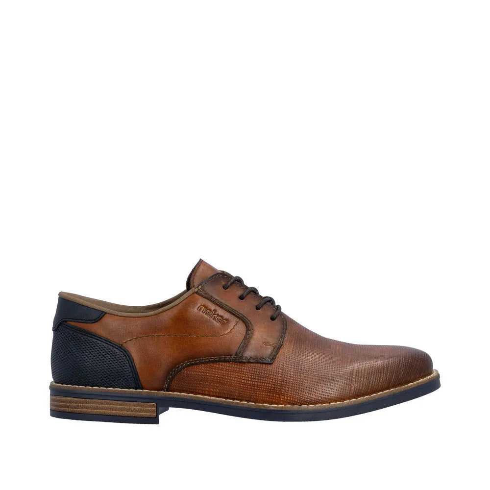 Rieker 13504-24 men's brown leather lace-up shoes with textured and smooth panels, black heel detail, and classic style.
