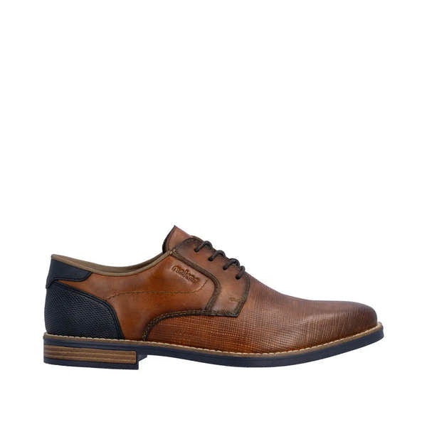 Rieker 13504-24 men's brown leather lace-up shoes with textured and smooth panels, black heel detail, and classic style.