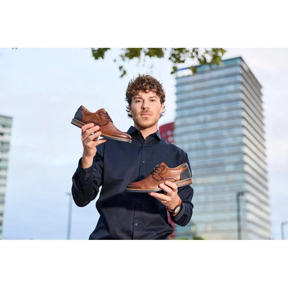 Men's brown leather lace-up shoes with black accents and a low heel, style 13504-24.