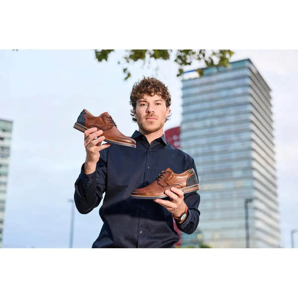 Men's brown leather lace-up shoes with black accents and a low heel, style 13504-24.