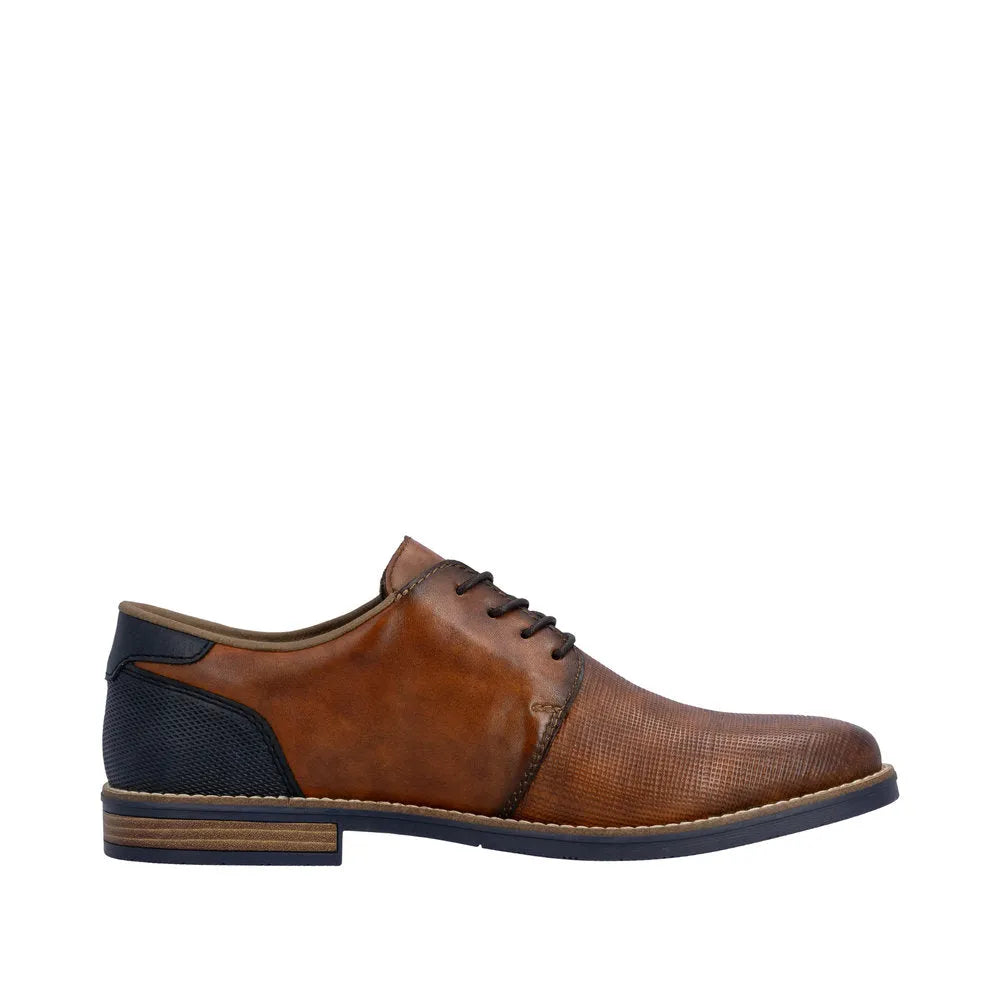 Rieker 13504-24 men's brown leather lace-up shoes with textured toe, black heel detail, and contrasting sole.