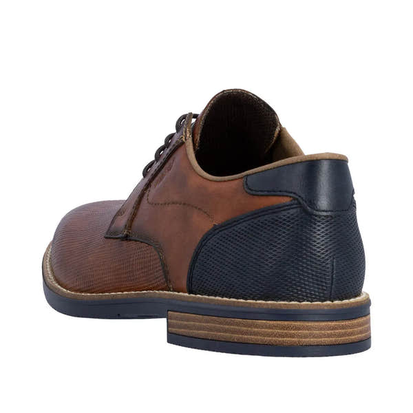 Men's brown leather lace-up shoes with textured toe, black heel detail, and stacked heel, stylish and versatile.