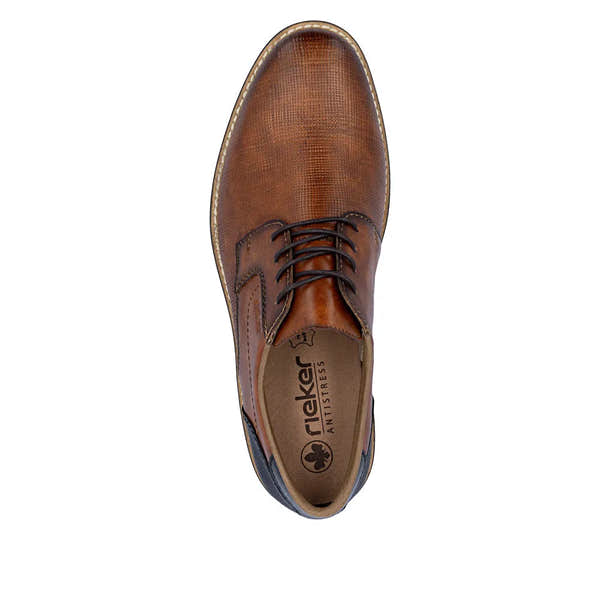 Men's brown leather lace-up shoes with textured finish, rounded toe, contrast stitching, and cushioned insole.