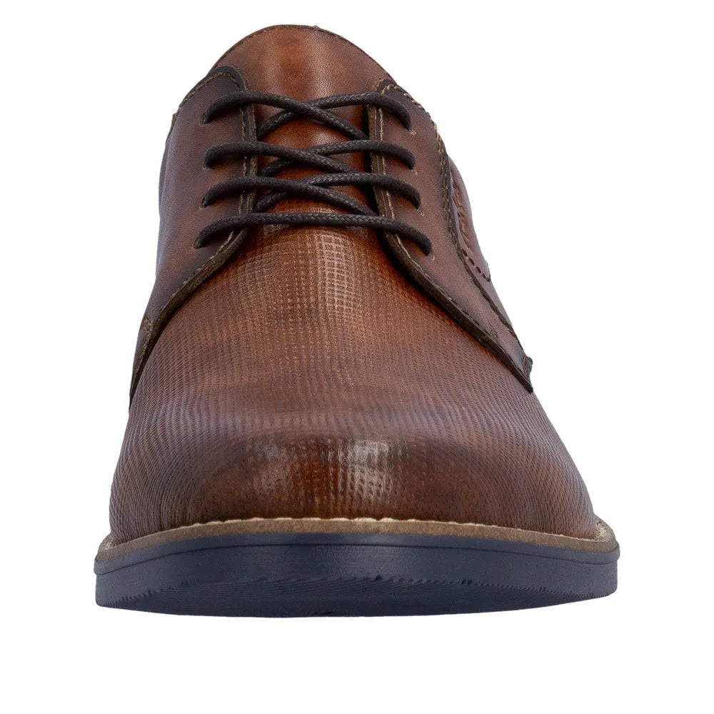 Brown leather lace-up shoes with textured finish, rounded toe, black sole, and tonal stitching.