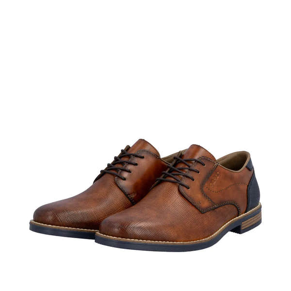 Men's brown leather lace-up shoes with black soles and textured finish, featuring a stylish design and stitching details.