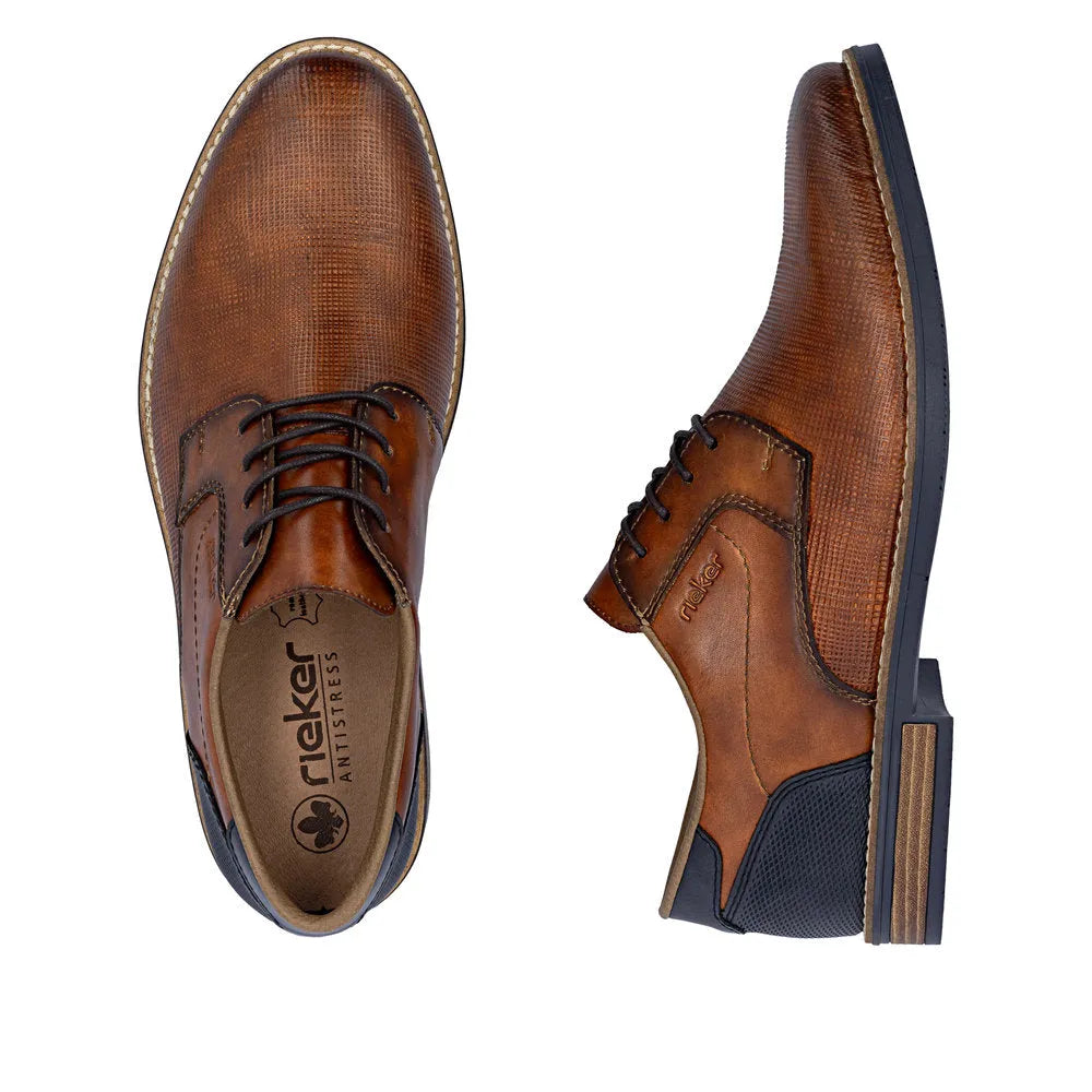 Rieker 13504-24 men's brown leather lace-up shoes with textured uppers, black soles, and ankle padding.