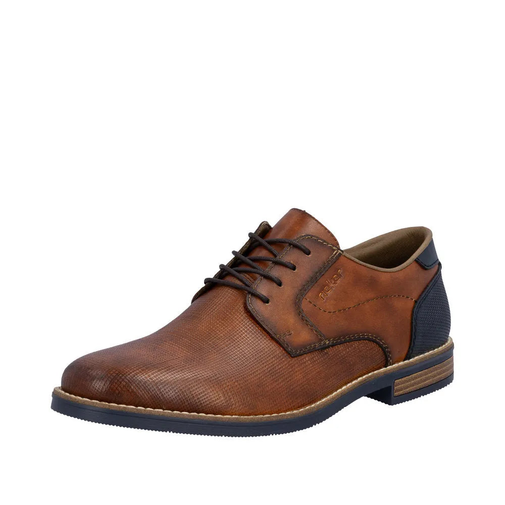 Brown leather lace-up men's shoes with textured upper, black heel accents, and contrast stitching.
