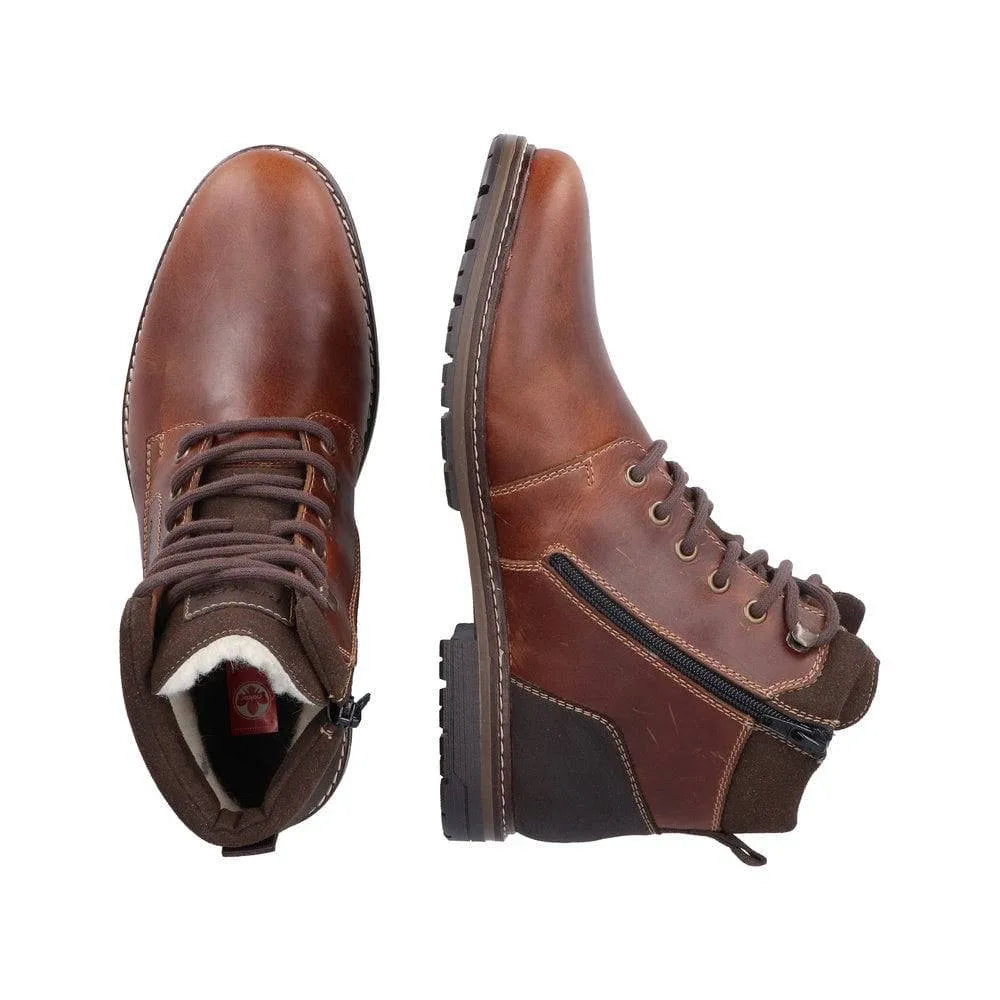 Rieker 13740-24 Mens Brown Leather Water Resistant Zip & Lace Ankle Boots-elevate your sole
