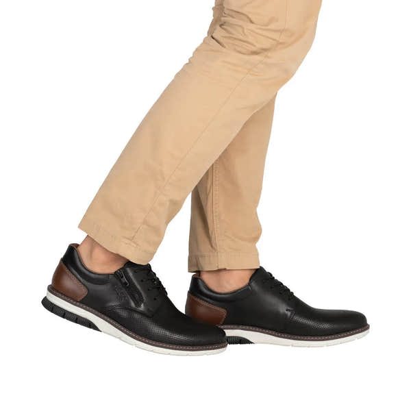 Rieker 14412-00 men's black leather shoes with zip, lace-up, brown accents, and white sole.