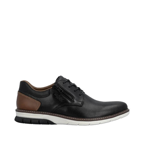 Rieker 14412-00 men's black leather shoes with lace-up and zip closure, brown heel accent, white and black sole.