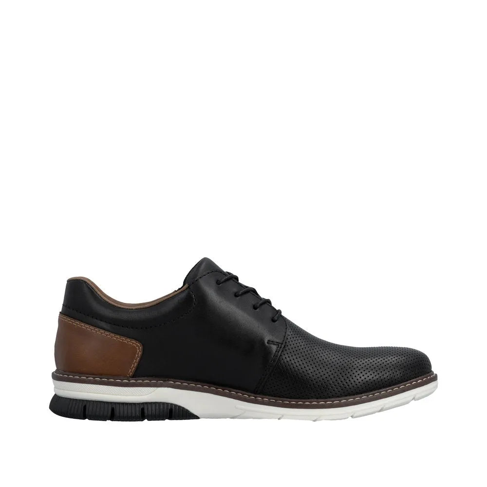 Black leather men's shoe with brown heel detail, lace and zip closure, and white and black sole.