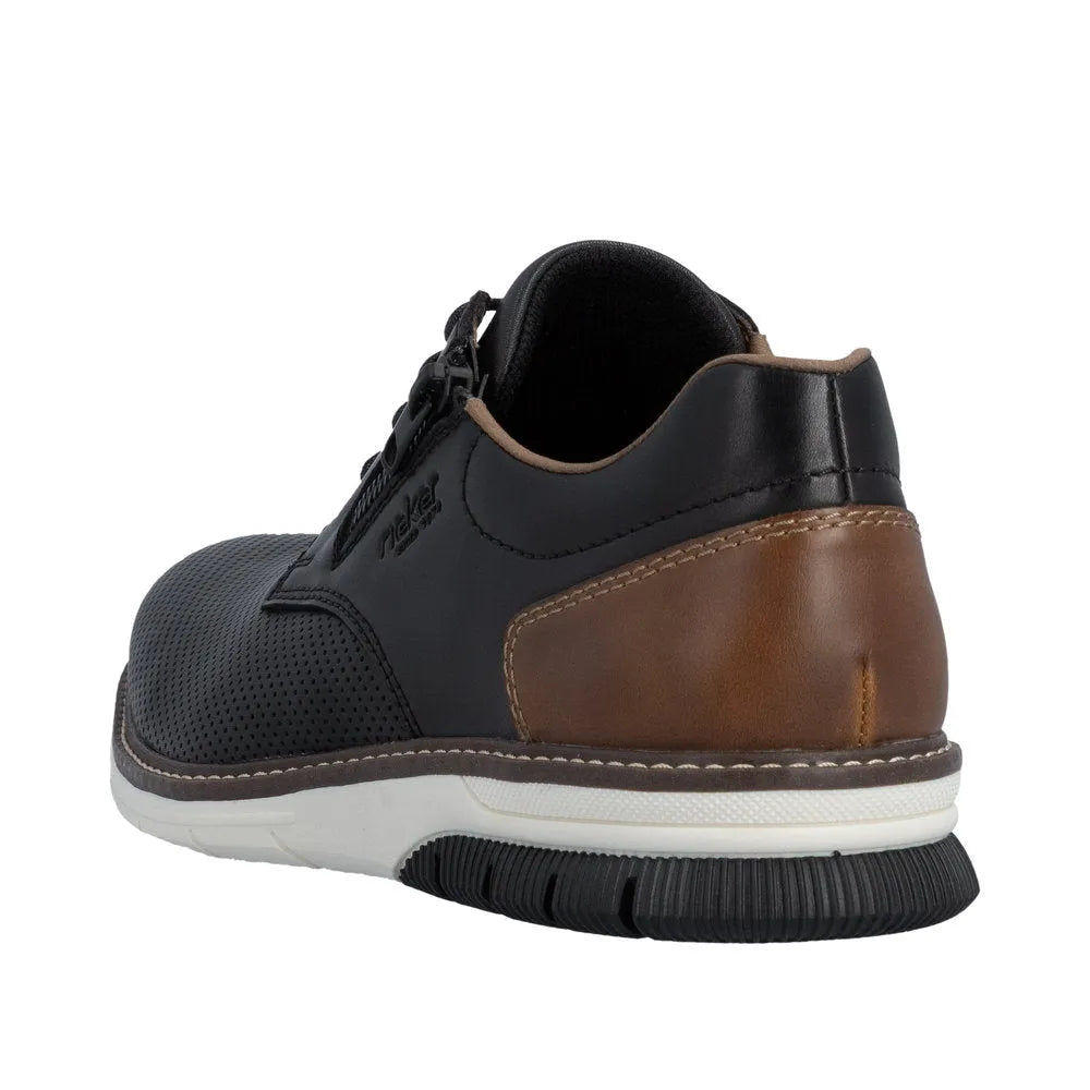Men's black leather shoes with zip and lace, brown heel accents, perforated toe, and white and black rubber sole.