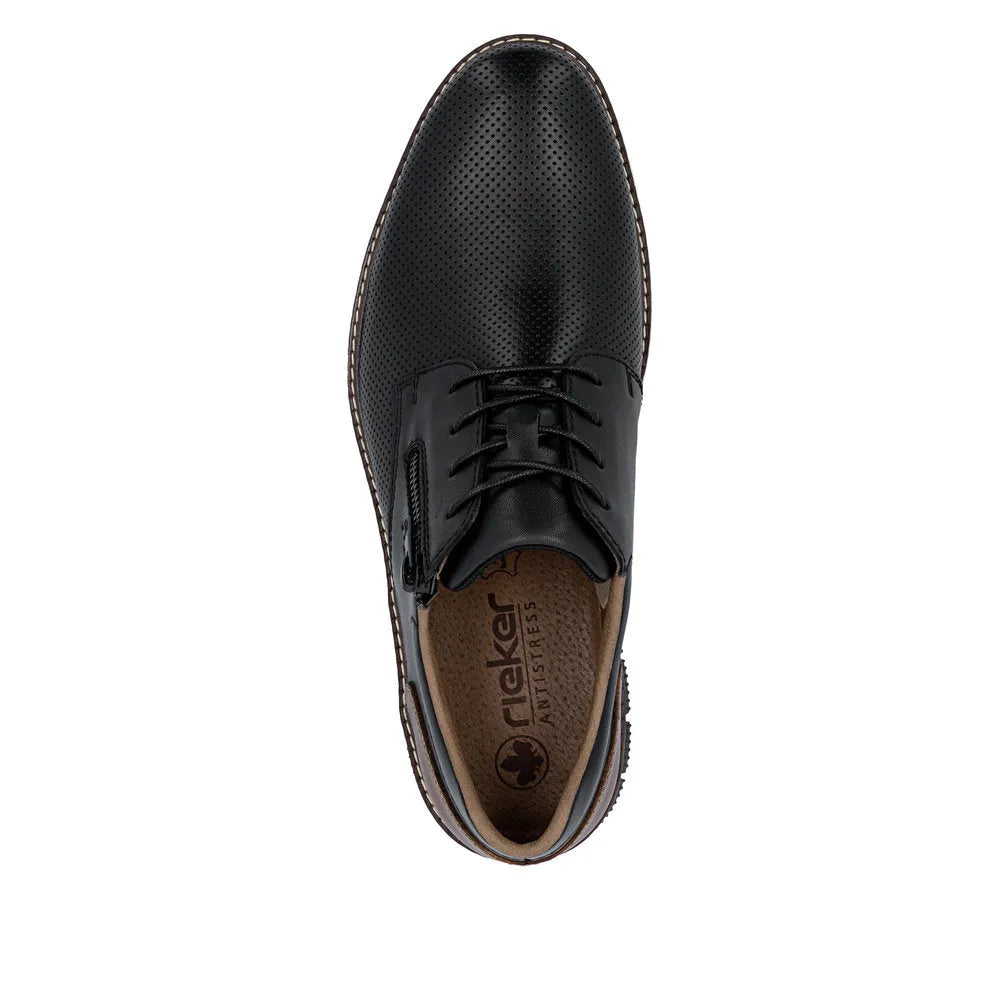 Black leather men's shoe with perforated upper, lace-up and zipper closure, brown sole, and branded insole.