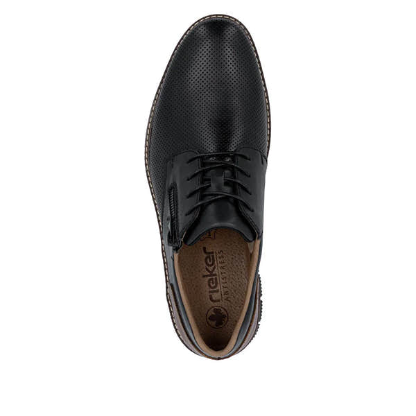 Black leather men's shoe with perforated upper, lace-up and zipper closure, brown sole, and branded insole.