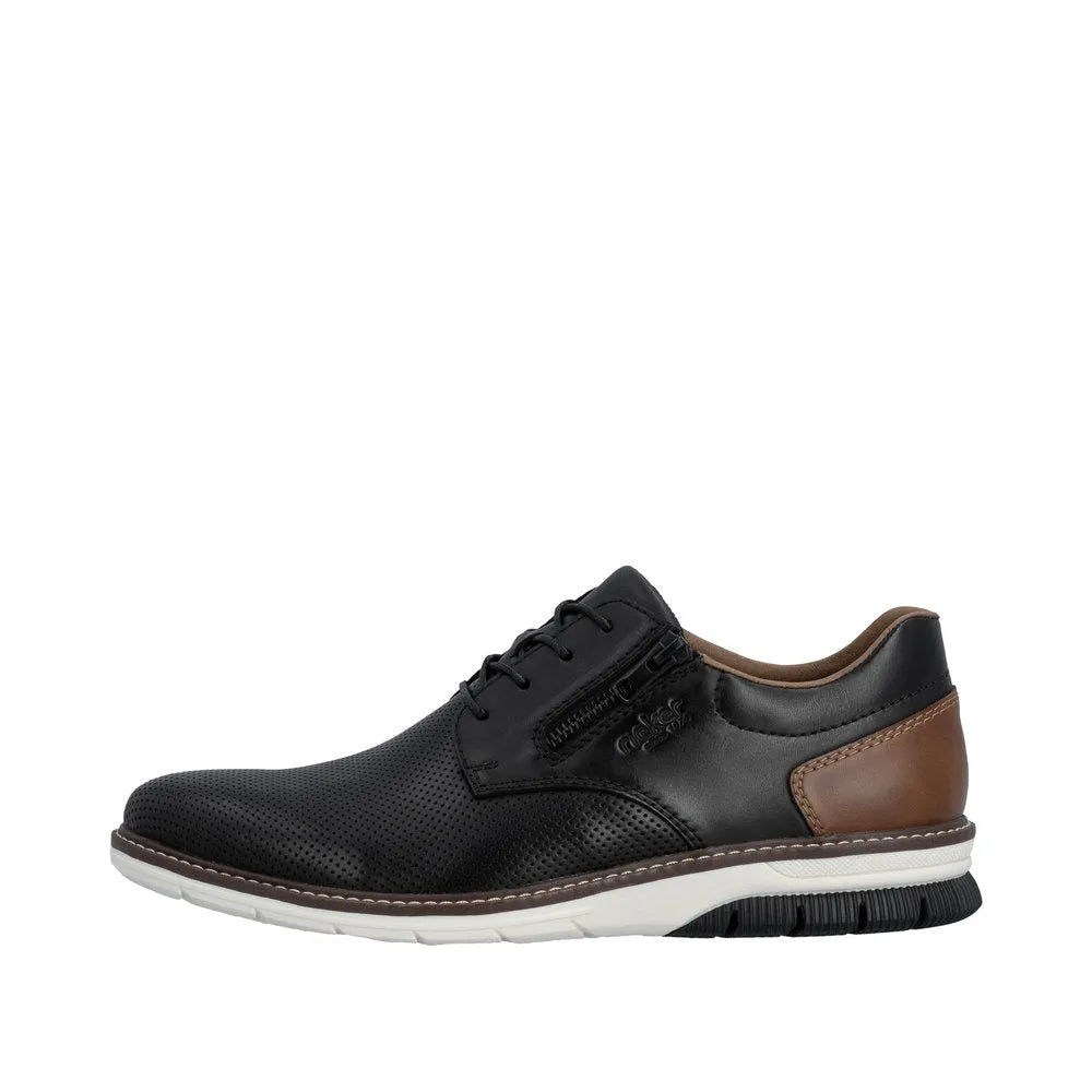 Black leather men's shoes with brown heel accents, lace-up and side zipper, white and black sole.