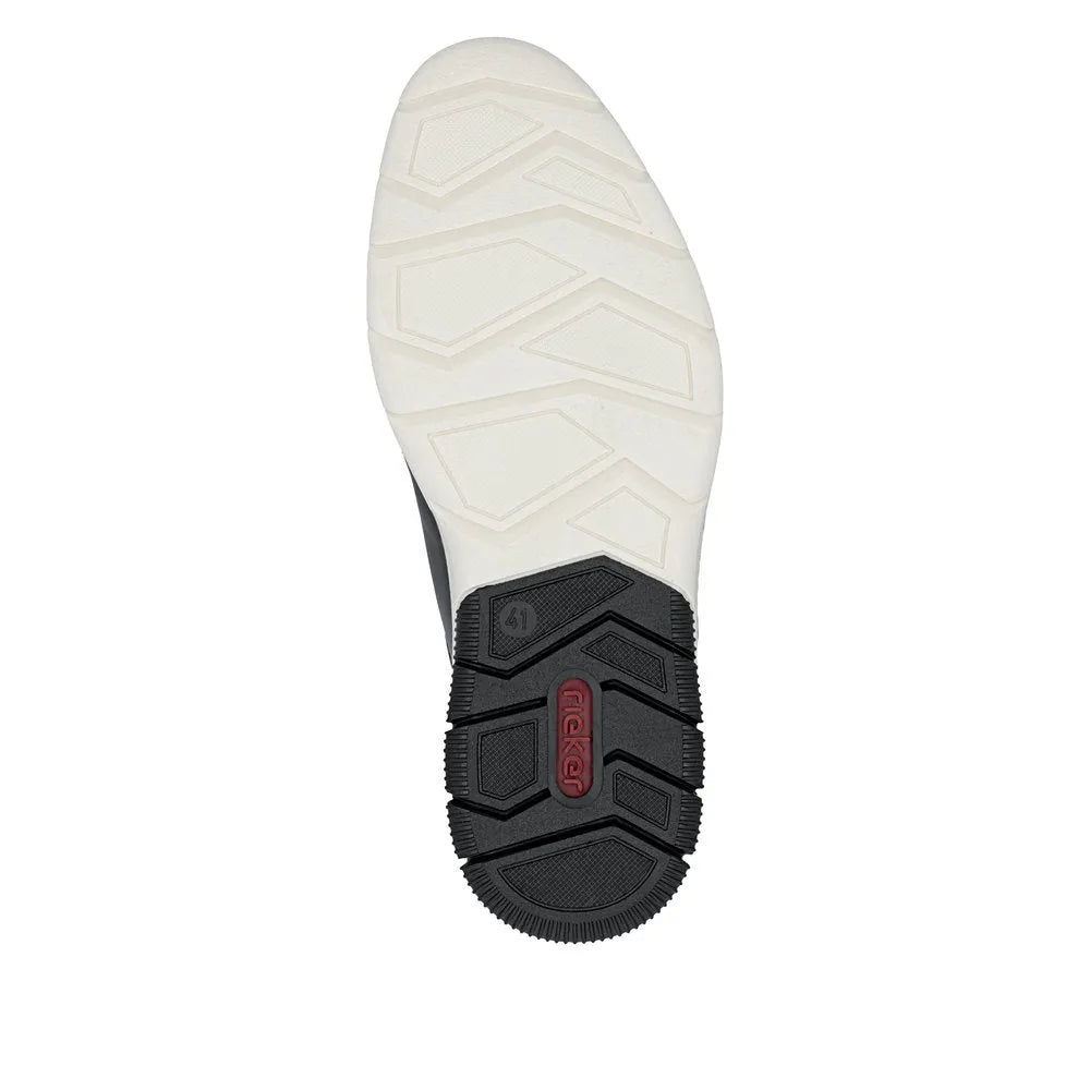 Black leather men's shoe with white sole, featuring a zip and lace fastening, and textured rubber outsole for grip.