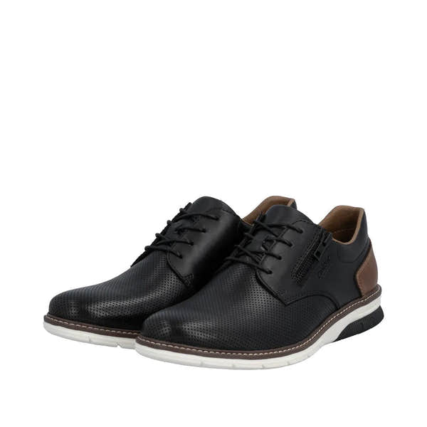 Black leather men's shoes with laces, a side zipper, brown accents, and a white and black rubber sole.