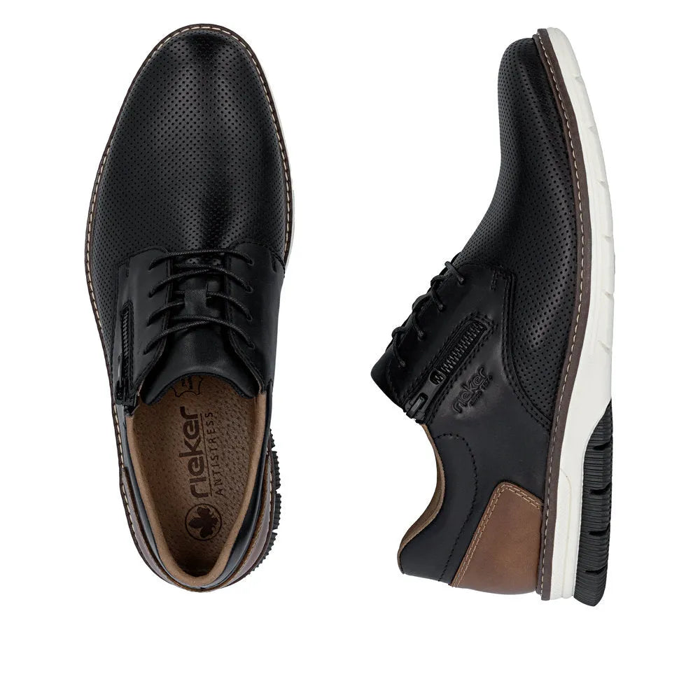 Black leather men's shoes with perforated detail, lace-up and zip closure, a brown heel patch, and a white and black rubber sole.