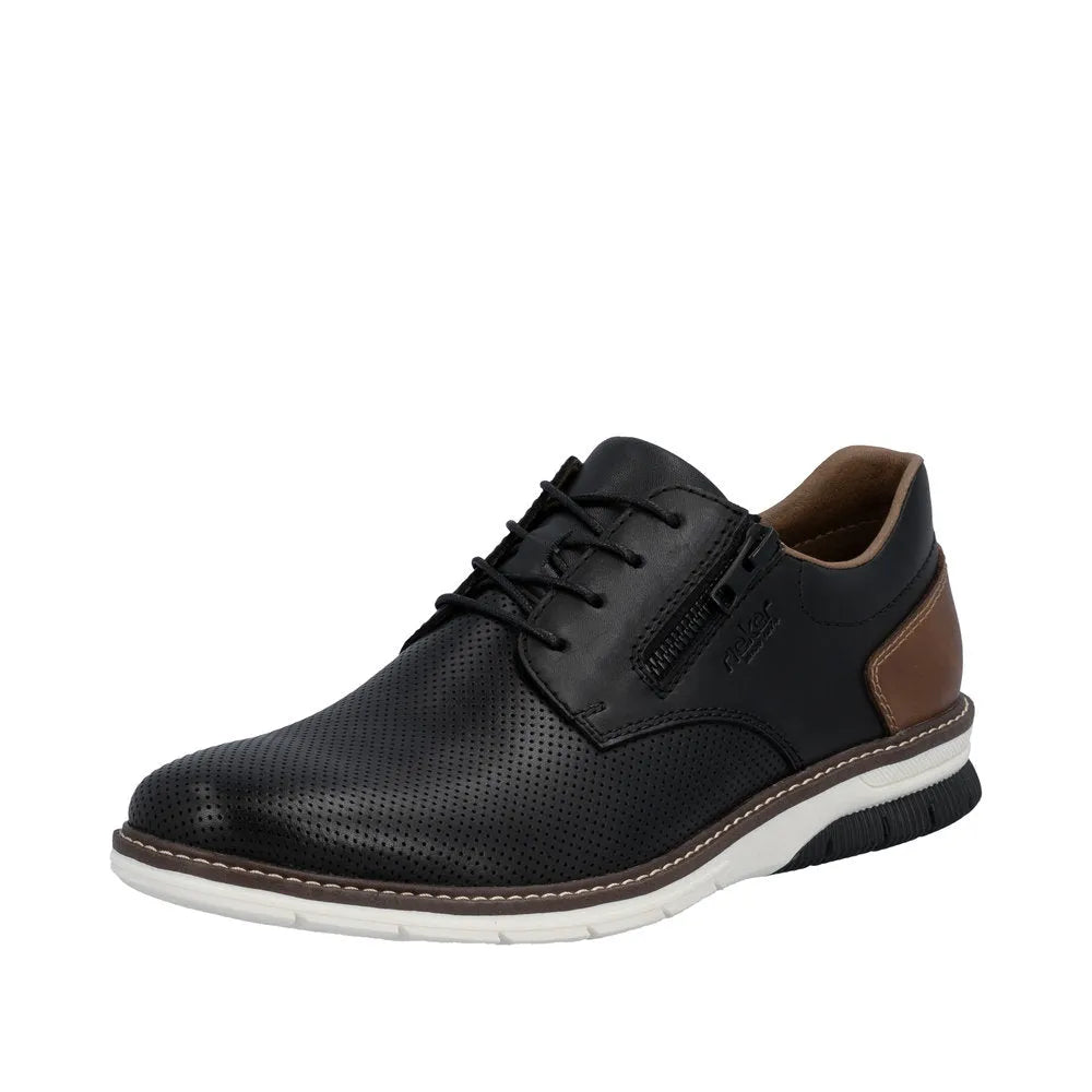 Black leather men's shoe with zip and lace-up closure, perforated design, brown accents, and a white and black sole.