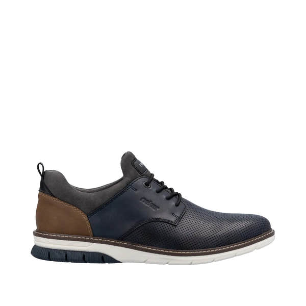 Rieker 14450-15 men's slip-on shoes in navy and brown leather with perforated toe and white sole.
