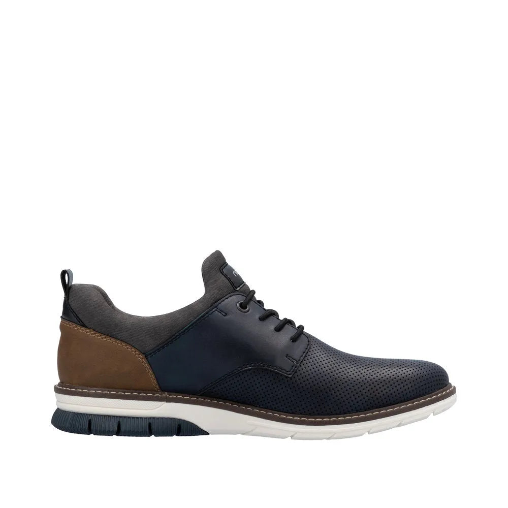 Rieker men's navy and brown leather slip-on shoes with perforated toe, cushioned sole, and casual athletic design.
