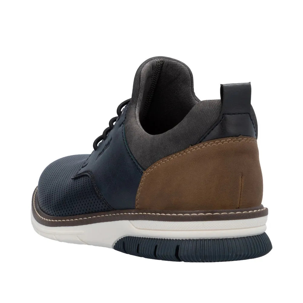 Rieker 14450-15 men's slip-on shoes with navy and brown leather, perforated toe, cushioned sole, and pull tab for easy wear.