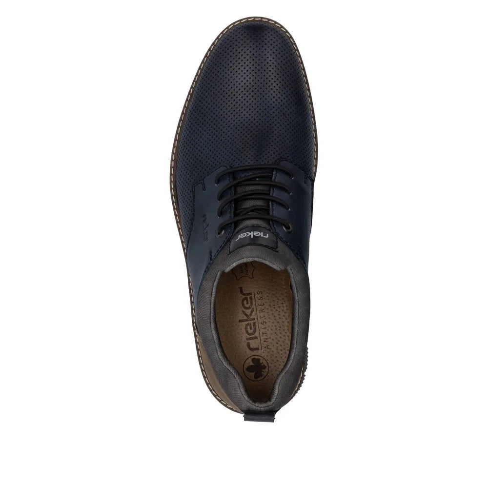 Rieker 14450-15 men's navy and brown leather slip-on shoes with perforated upper and lace-up design.