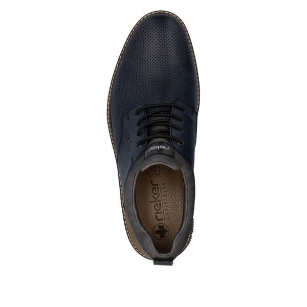 Rieker 14450-15 men's navy and brown leather slip-on shoes with perforated upper and lace-up design.