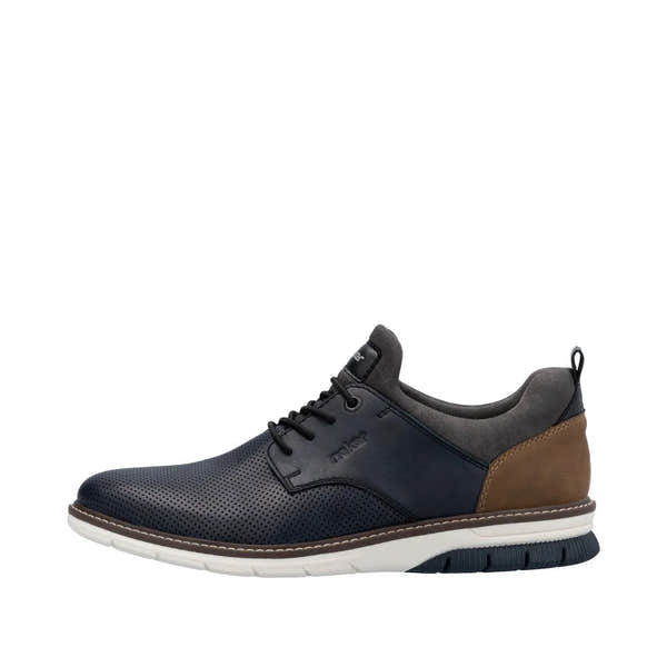 Rieker men's navy and brown leather slip-on shoes with perforated design, cushioned collar, and white rubber sole.