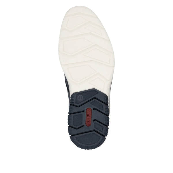 Rieker 14450-15 men's navy and brown leather slip-on shoes with white rubber sole and textured grip.