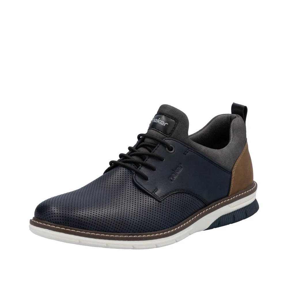Rieker men's navy and brown leather slip-on casual shoes with perforated toe, cushioned sole, and supportive design.