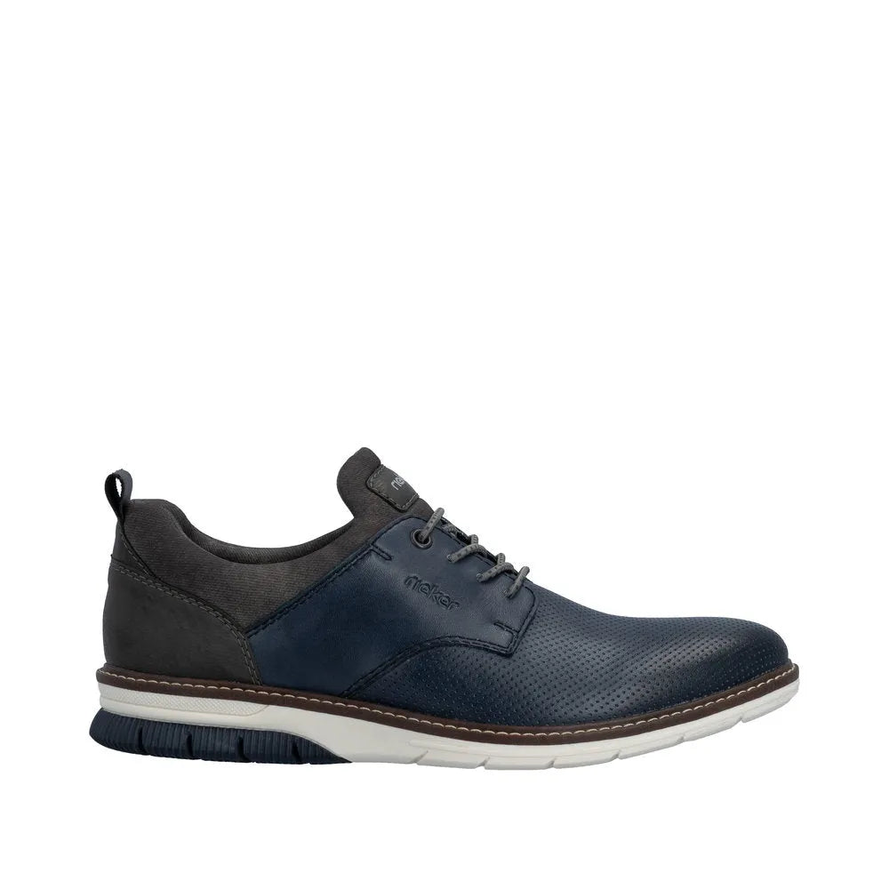 Rieker 14450-16 men's ocean blue leather elasticated shoe with mixed materials, perforated toe, and padded collar.