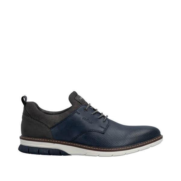 Rieker 14450-16 men's ocean blue leather elasticated shoe with mixed materials, perforated toe, and padded collar.