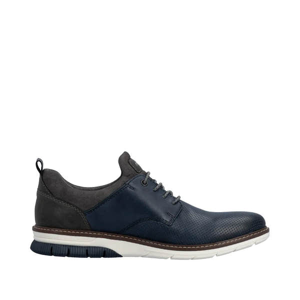 Men's navy and black leather elasticated shoes with perforated toe, padded collar, and white rubber sole.
