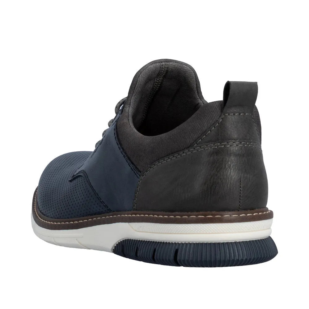 Rieker 14450-16 men's leather ocean elasticated shoes in navy and black with white and brown sole, slip-on style.