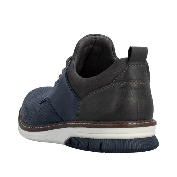 Rieker 14450-16 men's leather ocean elasticated shoes in navy and black with white and brown sole, slip-on style.